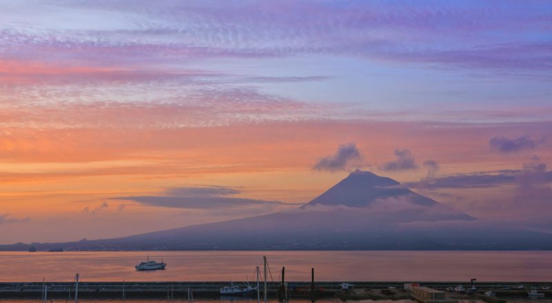 View of Mount Pico from the island of Faial at sunrise